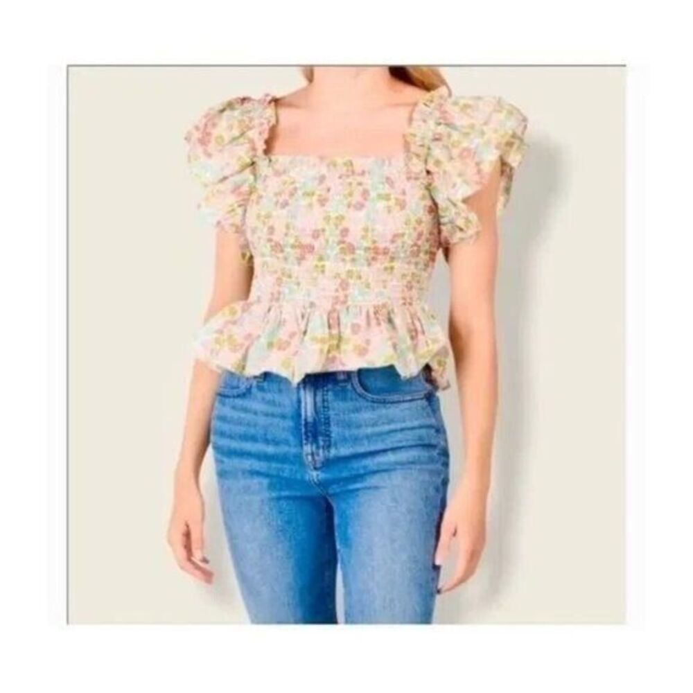 Love the Label Anthropologie‎ Smocked Puff Sleeve Blouse Tank Ines Ivory Sz L